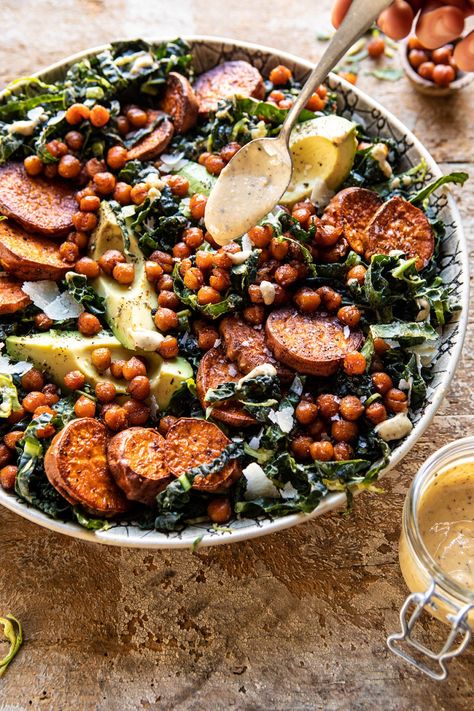 Kale Caesar, Kale Caesar Salad, Lots Of Food, Crispy Chickpeas, Salad With Sweet Potato, Half Baked, Half Baked Harvest, Caesar Salad, Unhealthy Food