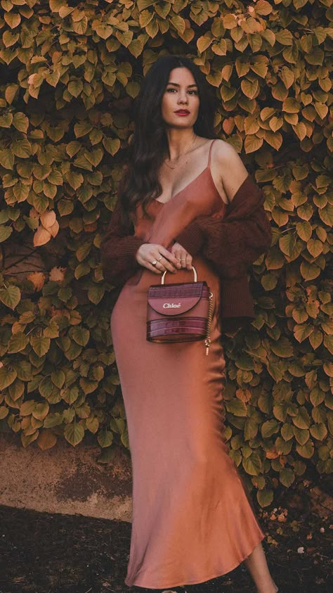 Brown Satin Maxi Slip Dress outfit Sweater Over Dress, Sarah Butler, Slip Dress Outfit, Cute Thanksgiving Outfits, Thanksgiving Outfit Women, Thanksgiving Outfit Ideas, Simple Fall Outfits, Cable Knit Sweater Cardigan, Looks Street Style