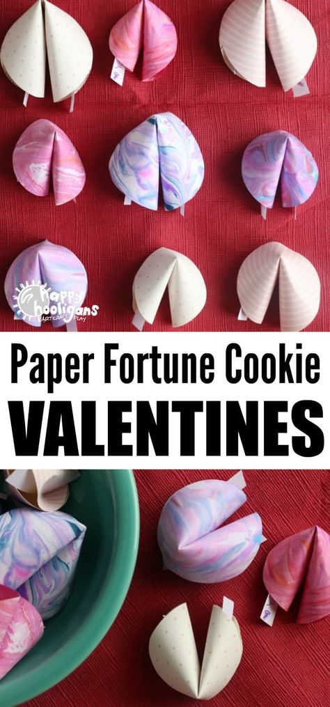 These paper fortune cookies are easy to make and fun for kids to give to their friends and classmates for Valentine's Day. Great last minute Valentine's craft for kids! See the video how-to in the post! #HappyHooligans #ValentinesCrafts #KidsCrafts #CraftsForKids #PaperCrafts #FortuneCookies  via @https://www.pinterest.com/happyhooligans/ Paper Fortune Cookies, Valentines Paper, Quotes Valentines Day, Cadeau St Valentin, Easy Valentine Crafts, Diy Valentines Cards, Valentinstag Party, Valentine's Day Crafts For Kids, Fortune Cookies