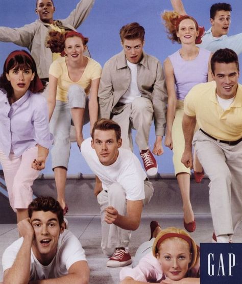 Gap | Long before "normcore," there were these classic ensemble ads that Gap became known for throughout the '90s. Not only were the print ads diverse, colorful and lots of fun, but the TV spots, full of song and dance, were catchy as hell. Gap Ads, Gap 90s, 90s Ads, Mike Mills, She Kills Monsters, Fashion Ad Campaigns, 80s Fashion Trends, Karen Elson, 80s And 90s Fashion