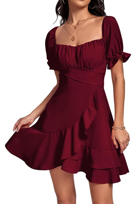 LYANER Womens Square Neck Ruffle Wrap Mini Dress Off Shoulder Flounce Short Sleeve A Line Flowy Dress Mini Dress Off Shoulder, Grad Outfits, Best Dresses For Women, Dresses Flowy, Formal Fashion, Wrap Mini Dress, New Groove, Dress Off Shoulder, Elegant Maxi Dress