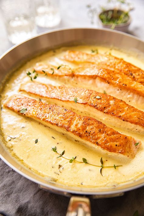 Pan Seared Salmon with Mustard Cream Sauce Salmon With Saffron Sauce, Sauce For Trout, Salmon With Mustard Sauce, Mustard Sauce For Salmon, Fish With Cream Sauce, Pan Seared Halibut Recipes, Salmon With Mustard, Entree Food, Salmon With Cream Sauce