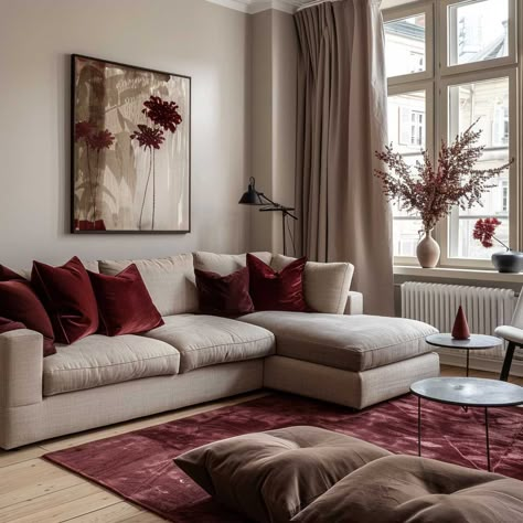 Modern Room Looks with Burgundy and Beige Color Schemes • 333+ Inspiring Lifestyle Ideas Colors For Living Room Furniture, Burgundy Cream Living Room, Living Room Designs Burgundy, Living Room With Burgundy Accents, Color Schemes For Apartment, Burgundy Color Combinations Living Room, Front Room Color Ideas, Burgundy And Beige Bedroom, Burgundy And Cream Living Room