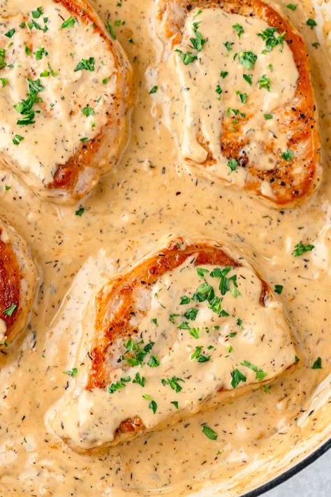 Pork Chops With Heavy Cream, Creamy Mustard Pork Chops, Creamy Cajun Pork Chops, Pork Chops Dijon Cream Sauce, Pork Chop With Sauce Recipes, Pork Chop Sauce Easy, Dijon Pork Chops Baked, New Year’s Day Pork Chops, Pork Chop Mayonnaise Recipe