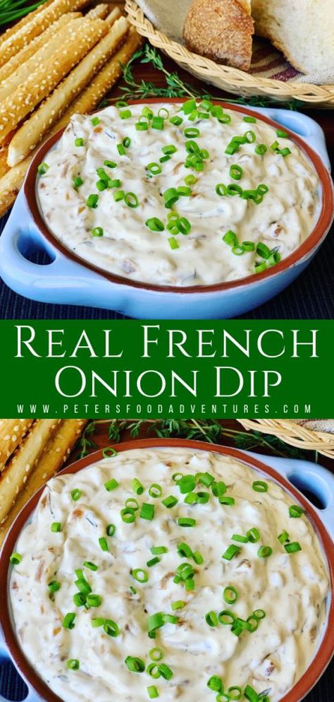 Homemade French Onion Dip made with real onions and balsamic vinegar. Healthier and tastier because it's made from scratch. Perfect for dipping potato chips or a crusty loaf at your next Super Bowl party or bbq. Potato Chips Dip, Dips For Potatoe Chips, Bbq Dips, French Onion Chip Dip, Appetizers Fancy, Bbq Dip, Dip For Chips, French Onion Dip Recipe, Homemade French Onion Dip