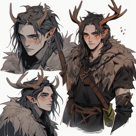 Tiefling With Antlers, Elves With Horns, Faun Oc Male, Tiefling Antlers, Satyr Male Character Design, Oc With Antlers, Antler Character Design, Horned Character Design Male, Deer Hybrid Human Male