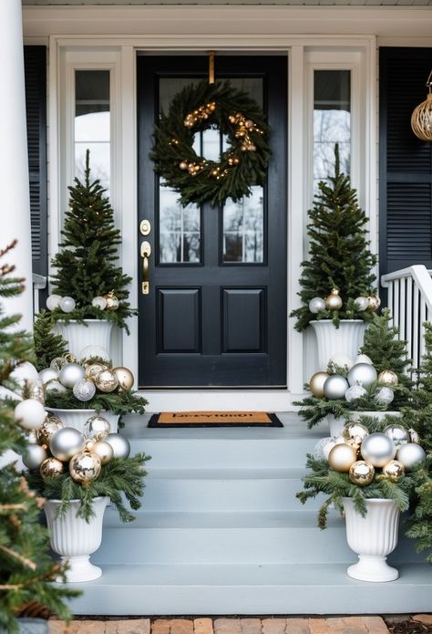 30 Winter Planters Front Porches: Cozy Ideas To Brighten Your Entryway Christmas Front Door Planters, January Front Porch Decor Winter, Front Porch Topiary Ideas, Xmas Front Porch Ideas, Front Porch Winter Decor Ideas, January Front Porch Decor, Front Porch Winter Decor, Winter Potted Plants, Winter Planters Front Porches