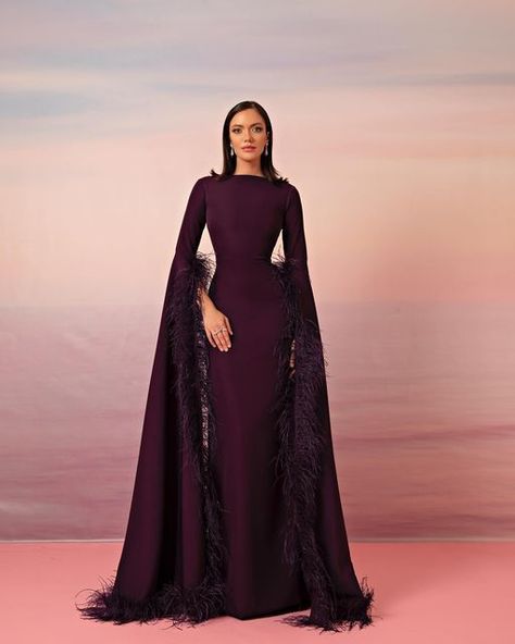 By Aysha and Shamsa on Instagram: "Winter 2022/2023 Code: WN23-02-02 Price: 3300AED More colors available upon request" Feather Prom Dresses, Elegant Christmas Outfit, Winter Evening Dresses, Modest Gowns, Winter Gown, Formal Long Dresses, Evening Dress Long Sleeve, Winter Gowns, Feather Prom Dress