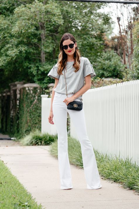 Jeans: Frame forever Flare ‘Karlie’ Jeans {shorter version here!} // Top: Halogen Ruffle Sleeve Tee {similar here & here} // Bag: Gucci Mini Marmont Bag c/o // Sunglasses: Le Spec hypnotize // Shoes: Schutz Enida Heels When I first saw this little Gucci Marmont bag online, I gotta admit, I was a bit skeptical. I obviously knew … Being Bridget, Gucci Mini Marmont Outfit, Gucci Marmont Super Mini Outfit, Bell Bottom Jeans Outfit Casual, Gucci Marmont Outfit, Gucci Marmont Bag Outfit, Gucci Super Mini Marmont, Gucci Marmont Mini Bag, Brandname Bag