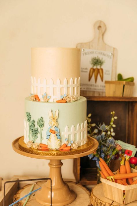 Peter Rabbit // 1st Birthday // Boy | CatchMyParty.com Peter Rabbit Birthday Cake, Cute Party Themes, Rabbit Birthday Cake, Kids Party Theme Ideas, Peter Rabbit Birthday Party, Whimsical Garden Party, Rabbit Birthday Party, Peter Rabbit Theme, Peter Rabbit Cake