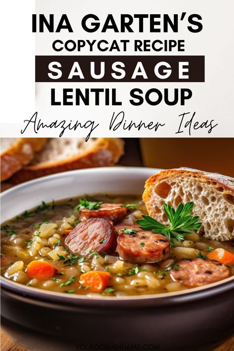 If you love Ina Garten's recipes, you will love this healthy copycat version of her Sausage and Lentil Soup. This is one recipe you will want to add to your weekly dinner ideas or even lunch ideas. This is an easy healthy dinner recipe the whole family will enjoy.  And it's a super easy soup to add to your easy dinner recipes for meal prep. Protein Packed Soup, Soup Dinner Ideas, Sausage And Lentil Soup, Sausage Lentil Soup, Easy Healthy Soup Recipes, Healthy Potato Soup, Sausage Lentil, Weekly Dinner Ideas, Lentils And Sausage