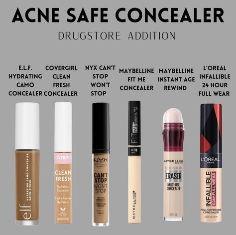 Concealer For Acne Prone Skin, Acne Safe Foundation Drugstore, Acne Safe Makeup Drugstore, Acne Safe Drugstore Makeup, Acne Safe Concealer, Acne Safe Foundation, Acne Prone Makeup, Makeup With Acne, Makeup For Acne Prone Skin