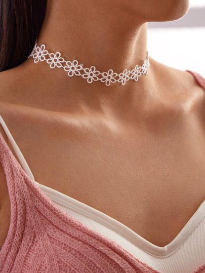 Cute Chokers, Choker Crochet, Stackable Necklaces, Lace Choker Necklace, Lace Choker, Flower Choker, Layered Necklace Set, Silver Bead Necklace, Sterling Pendant