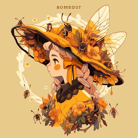 Honey Character Design, Bee Human Hybrid, Bee Themed Clothes, Bee Girl Character Design, Bee Fantasy Art, Spring Character Design, Bee Concept Art, Cottagecore Character Design, Bee Fursona