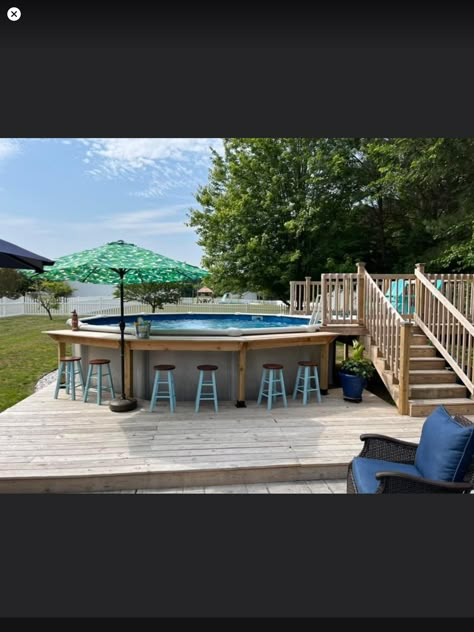 Back Patio Jacuzzi Ideas, Above Ground Pool With Shallow End, Pool And Deck Ideas Above Ground, Back Porch To Pool, Back Yard Above Ground Pool And Patio, 2 Level Pool Deck, Overground Pool Ideas Deck Design, Pool Deck Off House, Small Deck For Above Ground Pool