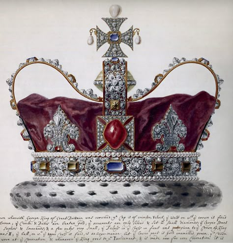 George I's state crown in a watercolor by Giuseppe Grisoni, 1718. The Black Prince's Ruby dominates the front. Crown Painting, King George I, Coronation Robes, Imperial State Crown, British Crown Jewels, Royal Crown Jewels, Royal Collection Trust, Imperial Crown, Royal Crowns