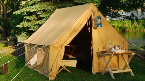 Canvas Tent Diy, Diy Canopy Tent, Deer Camp Ideas, Canvas Tent Camping, Living In A Tent, Vintage Camping Gear, Canvas Wall Tent, Canvas Tents, A Frame Tent