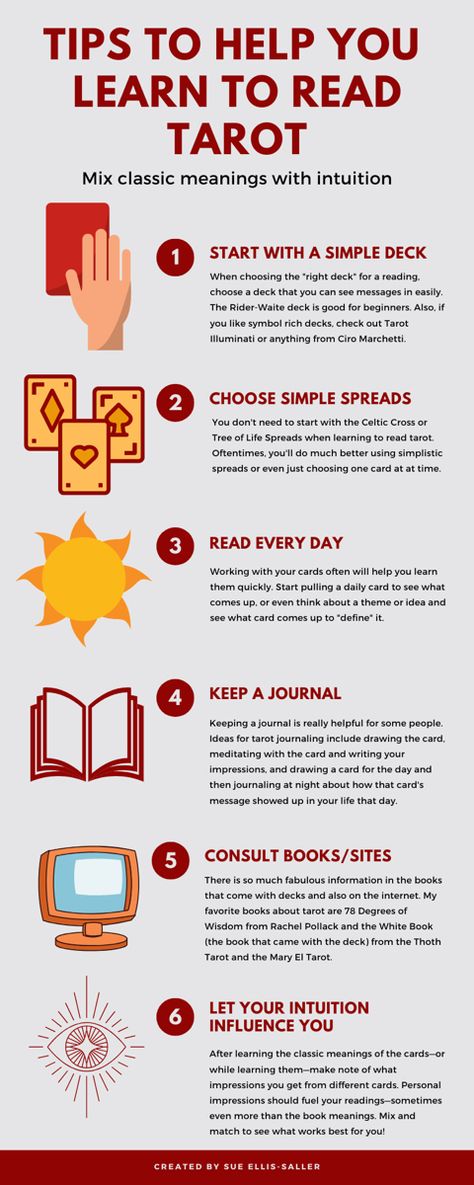 Info graphic listing 6 tips for newbie tarot readers How To Deal Tarot Cards, Tarot Card Reading For Beginners, How To Read Tarot, Tarot Reading Journal, Tarot Card Readings, Reading Tarot Cards For Beginners, Tarot Card Learning, Tarot Practice, Tarot Beginner