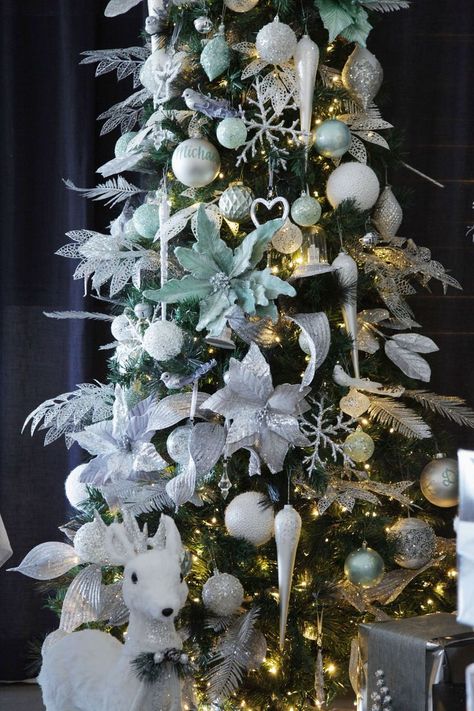 Elevate your holiday decor with Sage Green and Silver Christmas tree styling! Explore the tranquil beauty of sage green paired with shimmering silver accents, creating an elegant and serene ambiance for the season. Get inspired for a sophisticated and enchanting Christmas celebration. Green And Silver Christmas Tree, Sage Green Christmas Tree, Christmas Tree Styling, Sage Green Christmas, Silver Christmas Decor, Cozy Christmas Tree, Fairy Lights In Trees, Christmas Tree Picks, Winter Christmas Decor