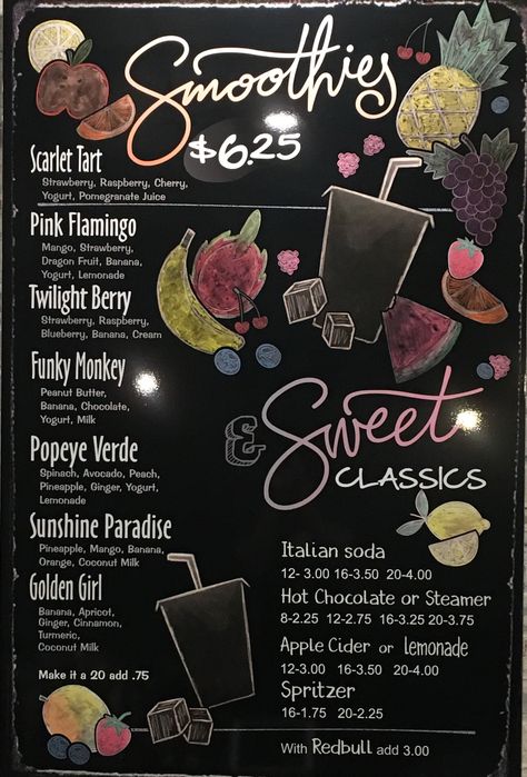 Smoothie Chalkboard Art, Smoothie Menu Ideas, Smoothie Bar Menu Design, Smoothie Stand Ideas, Smoothie Shop Design Ideas, Smoothie Shop Bloxburg, Smoothie Names Creative, Smoothie Bar Ideas Design, Smoothie Store Design