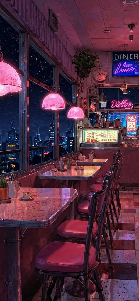 Pink Hd Wallpaper, Anime Restaurant, Diner Aesthetic, Lo-fi Aesthetic, Vaporwave Art, Dreamy Artwork, Cyberpunk City, Pop Art Wallpaper, Cool Wallpapers Art