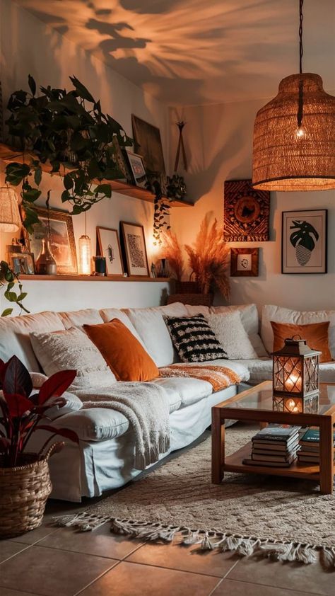 Shelf Above Sofa Living Rooms, Shelf Over Sofa Living Rooms, Cosy New Build Living Room, Cozy Orange Living Room, Boho Living Room Aesthetic, Boho Small Living Room Ideas, Boho Chic Apartment Decor Ideas, The Table In Front Of The Sofa, Cozy Boho Apartment Aesthetic