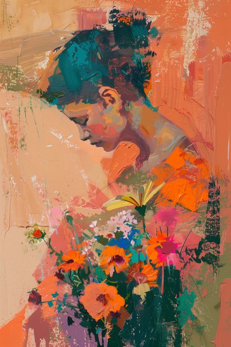 Woman Holding Flowers, Abstract Portrait Painting, Painting Of A Woman, Abstract Face Art, Orange Hues, Holding Flowers, Abstract Oil Painting, Blurred Background, Abstract Portrait