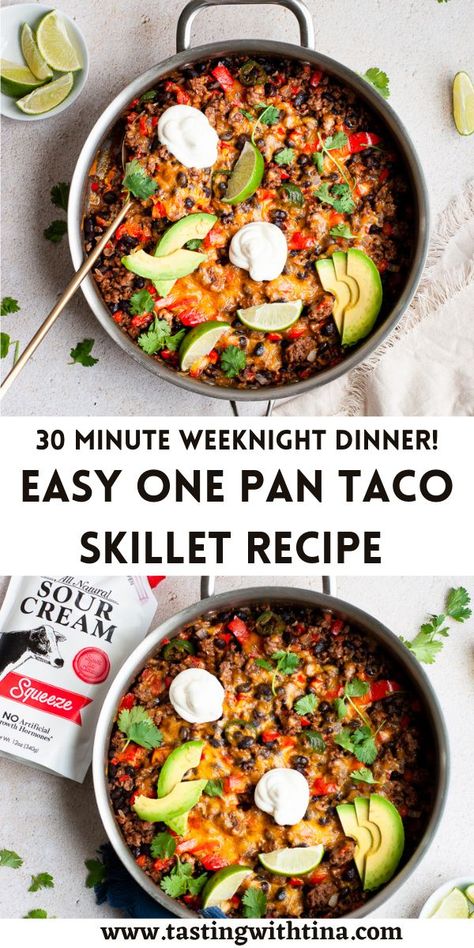 Easy Skillet Meals Healthy, One Pan Taco Skillet, Gina Livy Recipes, Taco Skillet Recipe, Healthy Skillet Meals, Taco Skillet, Easy Skillet Meals, One Skillet Meals, Healthy Tacos