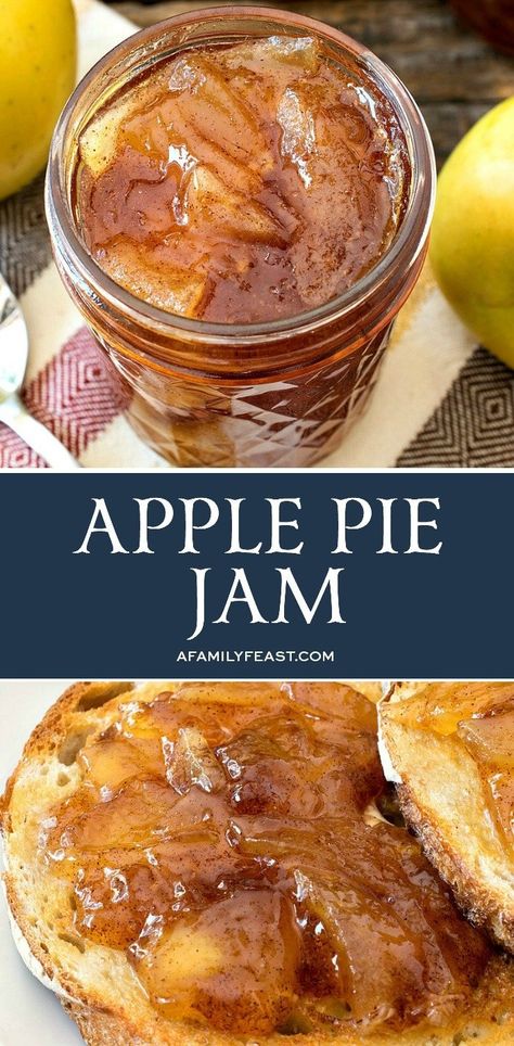 This Apple Pie Jam is incredible! All of the delicious flavors of freshly baked apple pie in a luscious, spreadable jam. Apple Pie Jelly, Jam Pie, Family Feast Recipes, Apple Pie Jam, Canning Jam Recipes, Home Canning Recipes, Jam Recipes Homemade, Canning Jam, Apple Jam