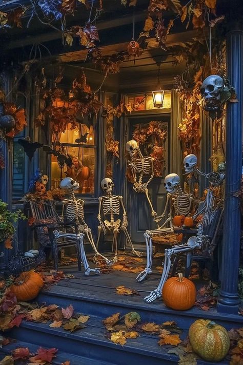 "Turn your porch into a bone-chilling scene with DIY Skeleton Decor! 💀🎃 Perfect for a spooky Halloween welcome. #SkeletonDecorDIY #SpookyPorchDecor #HalloweenInspiration" Halloween Lanterns Outdoor, Deck Halloween Decorations, Classic Outdoor Halloween Decorations, Decorate Porch For Halloween, Outdoor Halloween Decorations Porch, Exterior Halloween Decorations, Halloween Patio Decor, Porch Halloween Decorations, Halloween Decorations Outdoor Porch