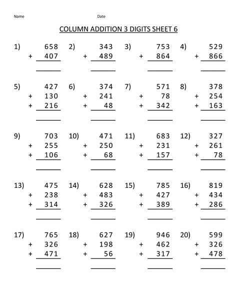 Free Math 3 Digits Column Addition Sheets 1 | Learning Printable Free 1st Grade Worksheets, Column Addition, Math Multiplication Worksheets, Third Grade Math Worksheets, Math Fact Worksheets, Mental Maths, Math Practice Worksheets, Math Addition Worksheets, Free Printable Math Worksheets