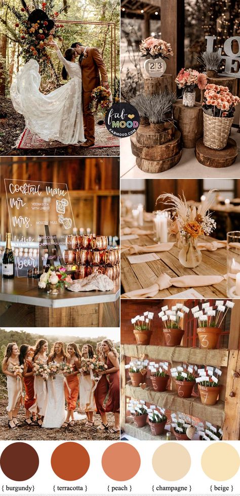 Autumn wedding colors | Fall wedding Palettes Rust Brown Color Palette Wedding, Wedding Theme Fall Colors, Terracotta Wedding Colour Palette, Brown Colour Wedding Theme, Burnt Terracotta Wedding, Champagne And Terracotta Wedding Theme, Terracotta Wedding Colors Palette, Cinnamon Color Palette Fall Wedding, Cinnamon Theme Wedding