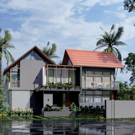 Tropical Modern House, Slope Roof, Tropical House Design, Modern Exterior House, Contemporary House Exterior, Kerala House, Roof House, Outside Design, Kerala House Design