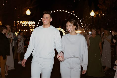 Wedding Matching Outfits For Couples, White Sweatsuit Wedding Reception, Matching Sweats Wedding, Nike Sweatsuit Wedding, White Wedding Sweatsuit, Bride And Groom Exit Outfit, Matching Sweatsuit Outfits Wedding, White Sweatsuit Wedding, Wedding Exit Sweatsuit