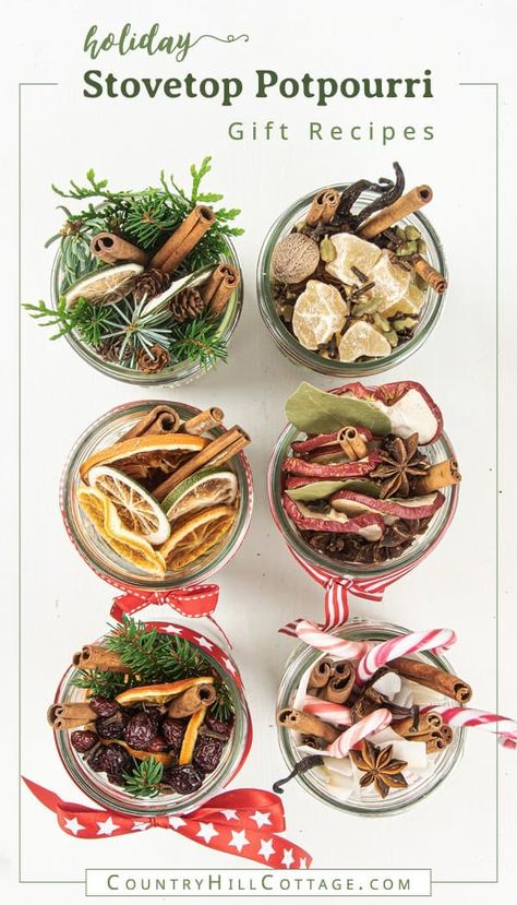 See how to make a DIY stovetop potpourri gift! These simmer potpourris make your house smell like Christmas and dry potpourri recipes are wonderful homemade holiday gift ideas. The tutorial for Christmas potpourri in a jar comes with free printable labels and gift tags for packaging and gifting. DIY Mason jar gifts. Christmas in a jar. Natural air freshener. Aromatherapy potpourri. #holidaygift #diygift #christmas #potpourri #airfreshener #stovetoppotpourri #simmerpot | countryhillcottage.com Dry Potpourri Recipes, Potpourri Gift Ideas, Diy Stovetop Potpourri, Homemade Holiday Gift Ideas, Stovetop Potpourri Gift, House Smell Like Christmas, Diy Gifts For Christmas, Holiday Potpourri, Smell Like Christmas