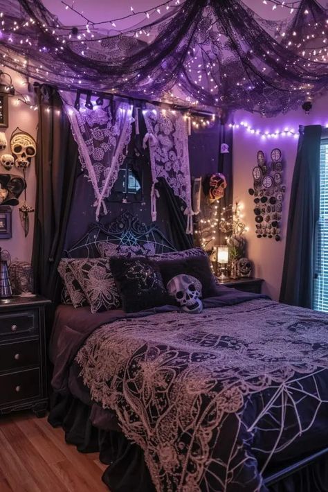 Transform your bedroom into a chilling Halloween haven with these 25 spooky Halloween Bedroom Ideas. From eerie decorations to haunting lighting, discover how to create a sleep space that's both frightful and fashionable. Perfect for those who love a touch of the macabre in their home decor. Neon Goth Room, Cute Goth Decor, Vintage Goth Bedroom, Romantic Goth Bedroom Ideas, Cute Goth Bedroom, Canope Bed, Room Inspo Purple, Goth Room Decor Ideas, Goth Room Ideas Bedrooms