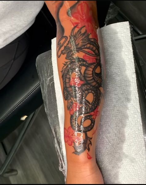 Red Forearm Tattoo Black Women, Red And Black Half Sleeve Tattoo, Dope Tattoos For Women Half Sleeves, Top Arm Tattoo Women, Half Arm Sleeve Tattoo For Women, Baddie Tats Arm, Girl Half Sleeve Tattoos, Girly Sleeve Tattoo, Tattoos Spine