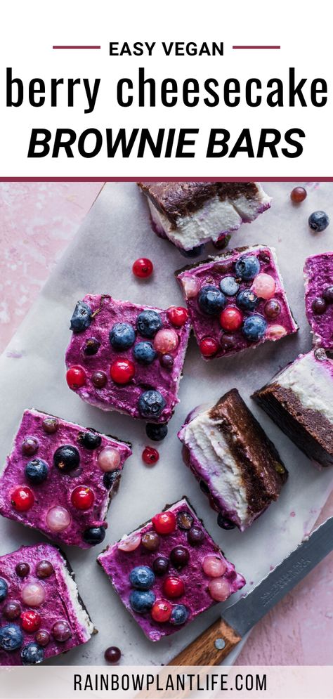 Healthy Vegan No Bake Desserts, Vegan Berry Cheesecake, Vegan Berry Recipes, Vegan Cheesecake Bars, Vegan Berry Dessert, Vegan Deserts Easy, Raspberry Dessert Bars, Viva Vanilla, Blueberry Baked Oats