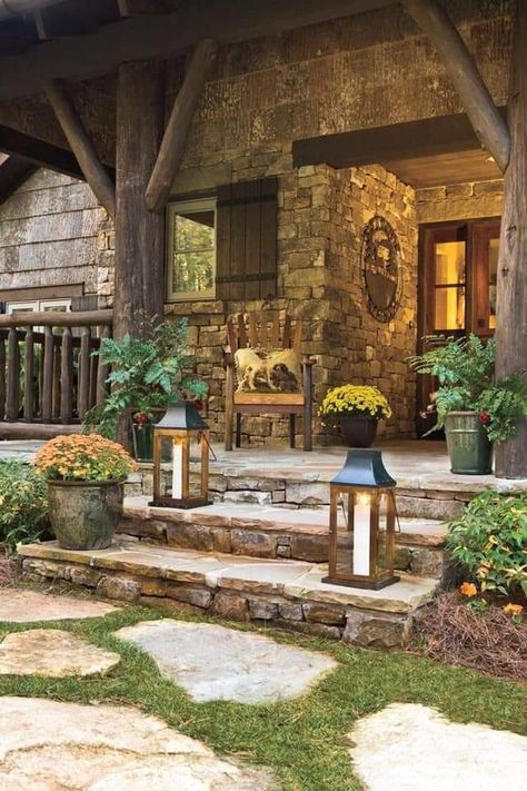 Rustic Porch Ideas, Rustic Front Porch, Stone Porches, Front Porch Steps, Patio Steps, Rustic Porch, Stone Steps, Wooden Porch, Porch Wall