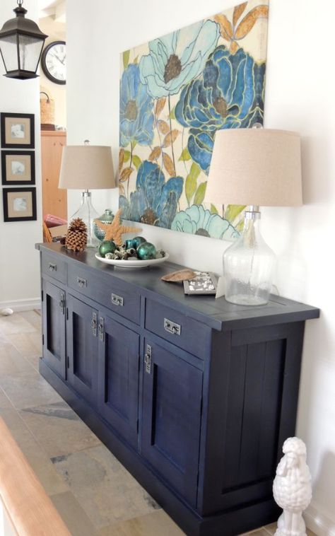 DIY Sideboards - Gigantic Planked Sideboard - Easy Furniture Ideas to Make On A Budget - DYI Side Board Tutorial for Makeover, Building Wooden Home Decor Blue Buffet Table, Painted Sideboard Ideas, Blue Buffet, Sideboard Ideas, Diy Sideboard, Sideboard Decor, Chic Dresser, Painted Sideboard, Dining Room Remodel