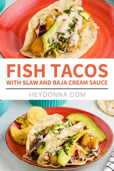 Get ready to spice up your taco night with these amazing Baja fish tacos! Featuring crispy fried fish, fresh slaw, and a tangy cilantro lime crema, these tacos are sure to be a hit with your family and friends. Baja Fish Tacos Sauce, Fish Tacos With Slaw, Fish Stick Tacos, Spicy Crema, Tacos With Slaw, Baja Tacos, Taco Sauce Recipes, Cilantro Lime Crema, Crispy Fried Fish