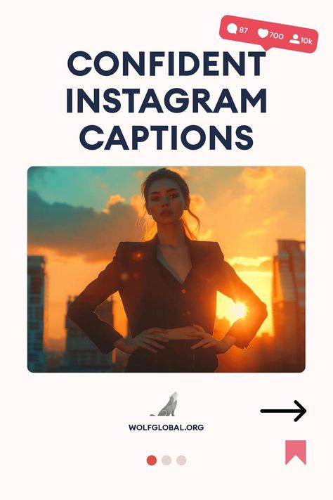 A woman in a business suit poses confidently against a sunset cityscape, with text "Confident Instagram Captions."
Inspirational checklist with affirmations for confidence and self-love, button for more content, and wolf logo.
Promotional image featuring a woman with a laptop and graphics for Instagram engagement. Confident Instagram Captions, Fierce Captions, Selfie Captions, Instagram Captions, Selfies, Get Ready, With Confidence, Finding Yourself, The 100