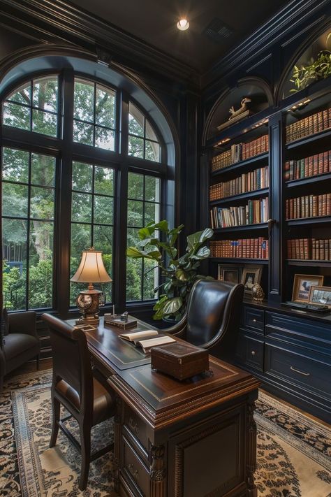 Office English Style, Victorian Office Room, Victorian Office Ideas, English Office Design, Modern House Library, Victorian Style Office, Modern Home Library Ideas, Victorian Office Decor, Library Office Room Ideas