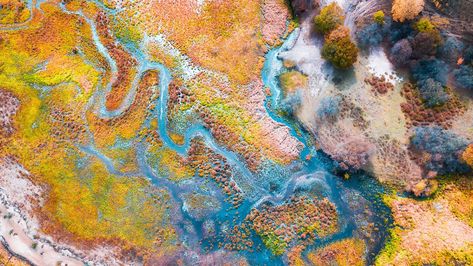 Aerial view of multicolored autumn, Chifeng, Inner Mongolia, China | Windows 10 Spotlight Images Floating River, Aerial Landscape, Aerial Images, Aerial Photos, Landscape Inspiration, Inner Mongolia, Drone Photos, Sunset Canvas, Aerial Photo