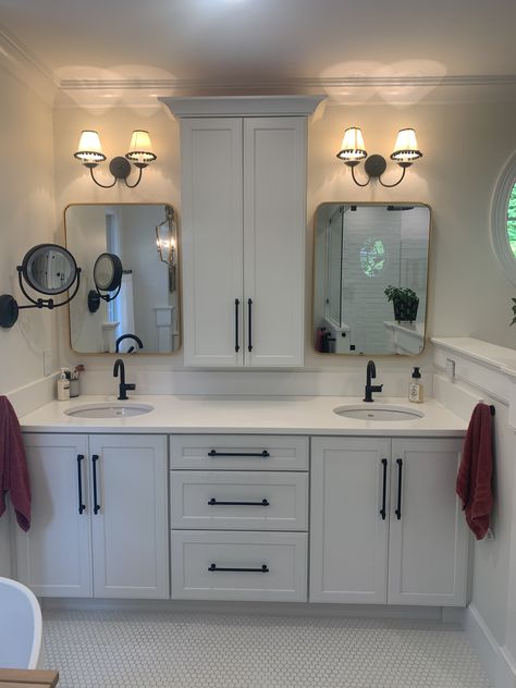 Master Bath Organization Vanities, Bathroom Vanity In Corner, Vanity With Center Cabinet, Bathroom Upper Cabinets, Bathroom Double Sink Vanity With Tall Side Cabinet, Double Vanity With Side Towers, Master Bath Vanity Remodel, Master Bath Cabinet Ideas, Showers Remodel