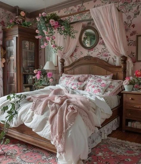 Cottage Core Bed Frame, Frilly Bedroom, Pink Cottage Core Bedroom, Cottage Core Bed, French Cottage Bedroom, Bedroom Decor Ideas For Couples, Cottage Core Bedroom, House Management, Dreamy Interior