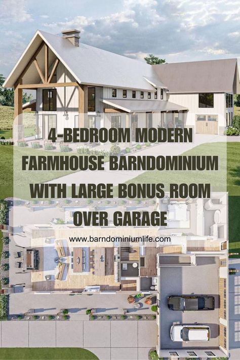 Explore this stunning 4-bedroom modern farmhouse barndominium, featuring a spacious bonus room over the garage. Ideal for modern living! 4 Bedroom House Plans Open Floor Barndominium, Barndominium Modern Farmhouse, Barndominiums On A Budget 4 Bedroom, Barndominium Ideas 4 Bedroom Modern, Simple 4 Bedroom Barndominium, Barndominium Great Room Ideas, Modern Barndominium Plans, Simple Barndominium Ideas 4 Bedroom, 4 Bedroom Barndominium With Shop