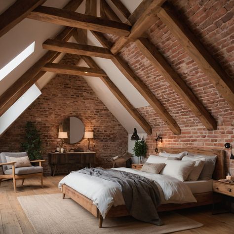 A cozy rustic attic bedroom with exposed brick walls, wooden beams, and a soft, warm color palette for a comfortable and charming space. #AtticBedroom #Rustic #ExposedBrick #WoodenBeams #WarmPalette Country Loft Bedroom, Loft Exposed Beams, Exposed Beam Bedroom, Loft Attic Bedroom, Upstairs Loft Bedroom Master Suite, Cosy Loft Bedroom, Short Ceiling Bedroom Ideas, Pitched Roof Bedroom, Rustic Attic Bedroom