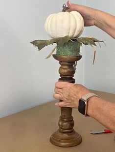 Pumpkins On Candle Holders, Making Fall Decorations, Easy Fall Mantle, Fall Candelabra Centerpiece, Fall Candle Stick Decor, Fall Candlestick Ideas, Fall Candle Holder Ideas, Ideas For Decorating Pumpkins, Fall Candlestick Arrangements