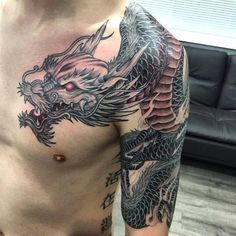 Dragon Tattoo Shoulder, Dragon Tattoo Chest, Dragon Tattoo Arm, Dragon Head Tattoo, Chris Garver, Asian Dragon Tattoo, Dragons Tattoo, Dragon Tattoos For Men, Dragon Sleeve